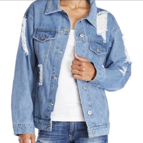 Love Tree Distressed Denim Jean Jacket L - Picture 1 of 9